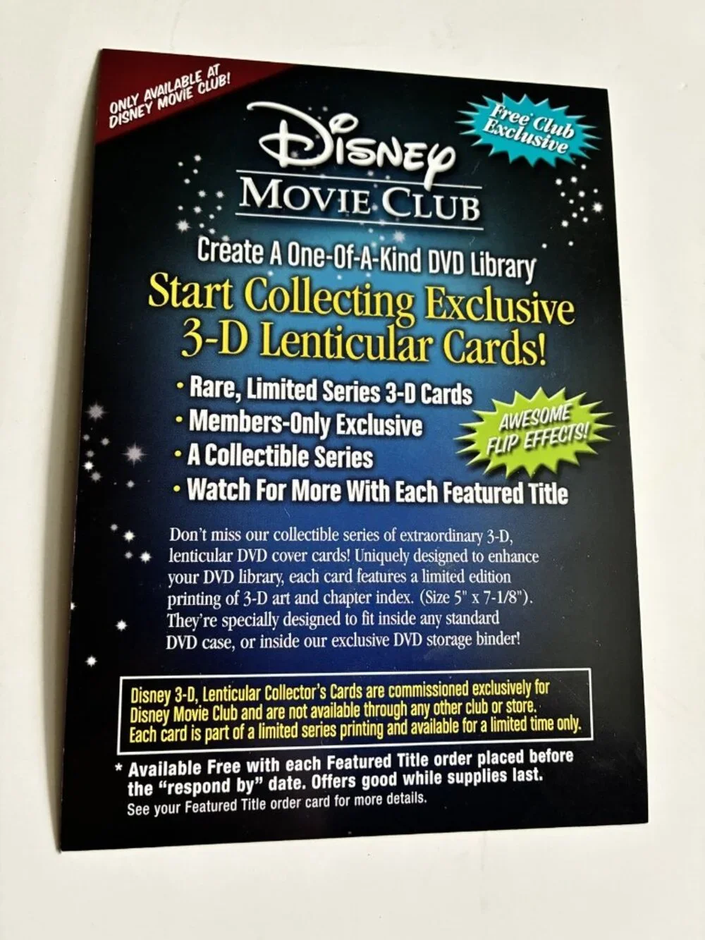 Disney Movie Club Exclusive 3D Lenticular Collector Card Flyer Sorcerer Mickey